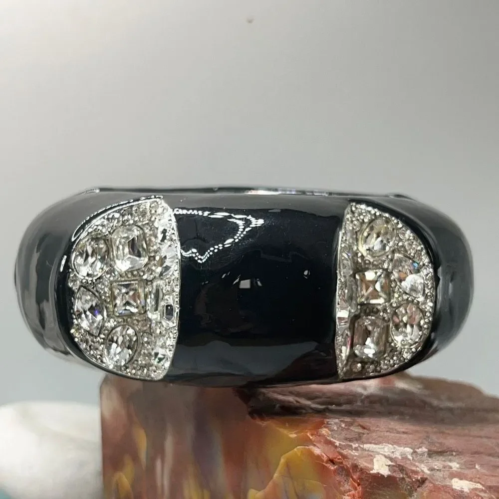 Black & Crystal Inset Dome Hinged Bangle Bracelet - Picture 5 of 13